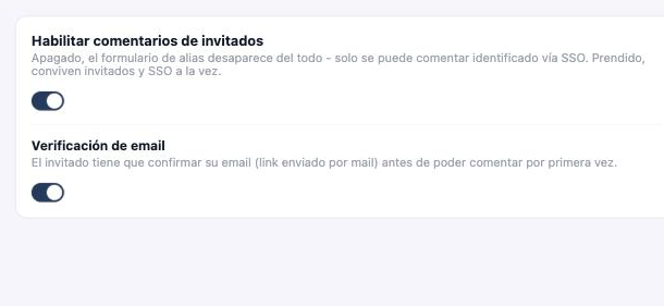 Sección Configuración → Auth con 'Habilitar comentarios de invitados' y 'Verificación de email' ambos activados